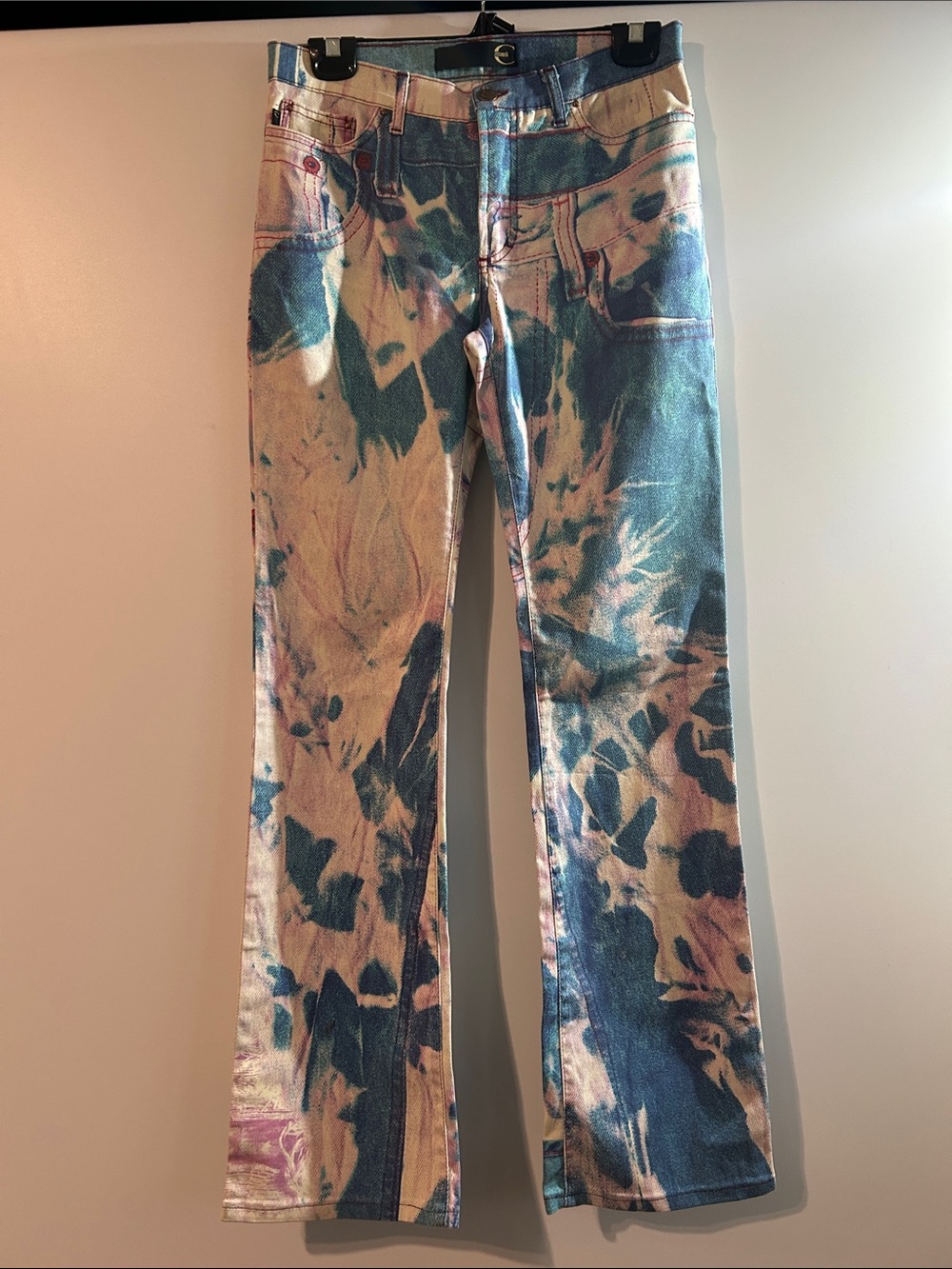 Just Cavalli Blue /Cream Tie-Dye Wide Leg Jeans with Pink Accents made in Italy